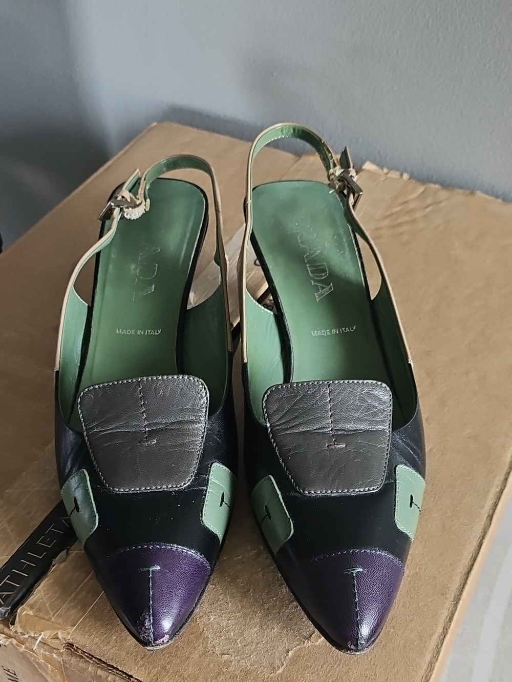 Prada Pointed Slingback Mules in Black, Green & Purple